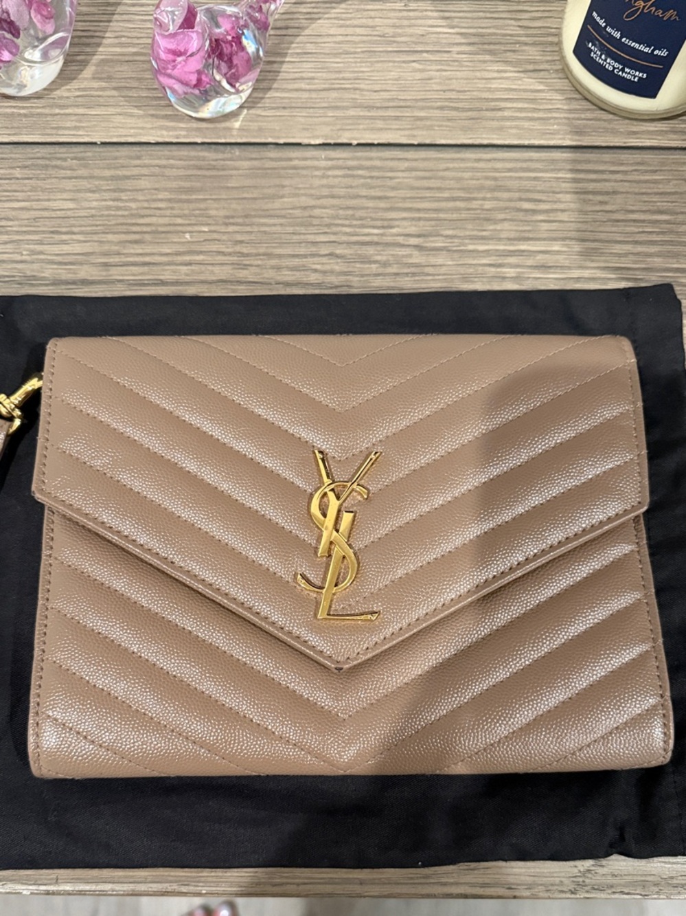 Saint Laurent Taupe Quilted Chevron Leather Wristlet with Gold YSL Hardware
